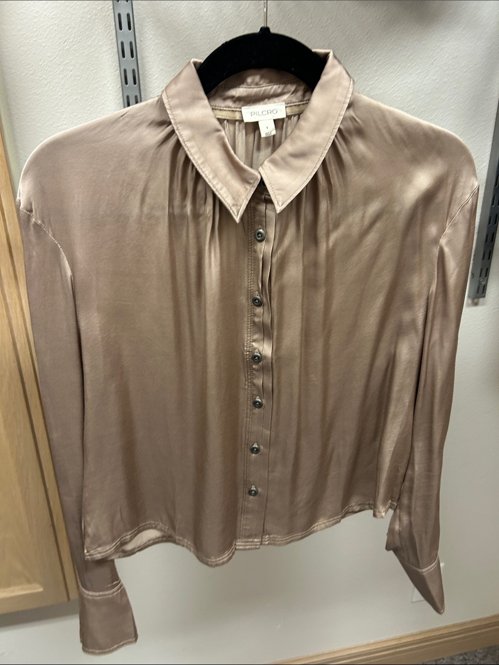 Pilcro Women's Satin Button-Front Shirt in Taupe